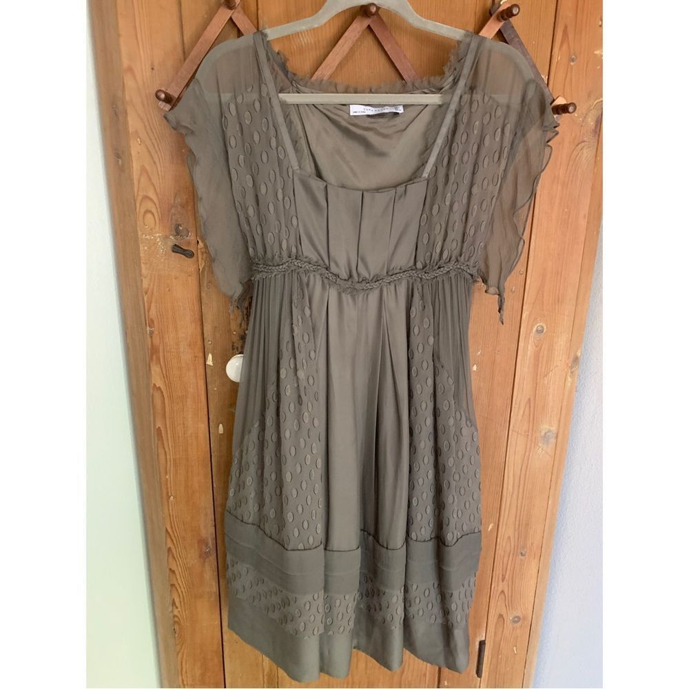 Zara taupe chiffon cap sleeve pheasant silk dress NWOT